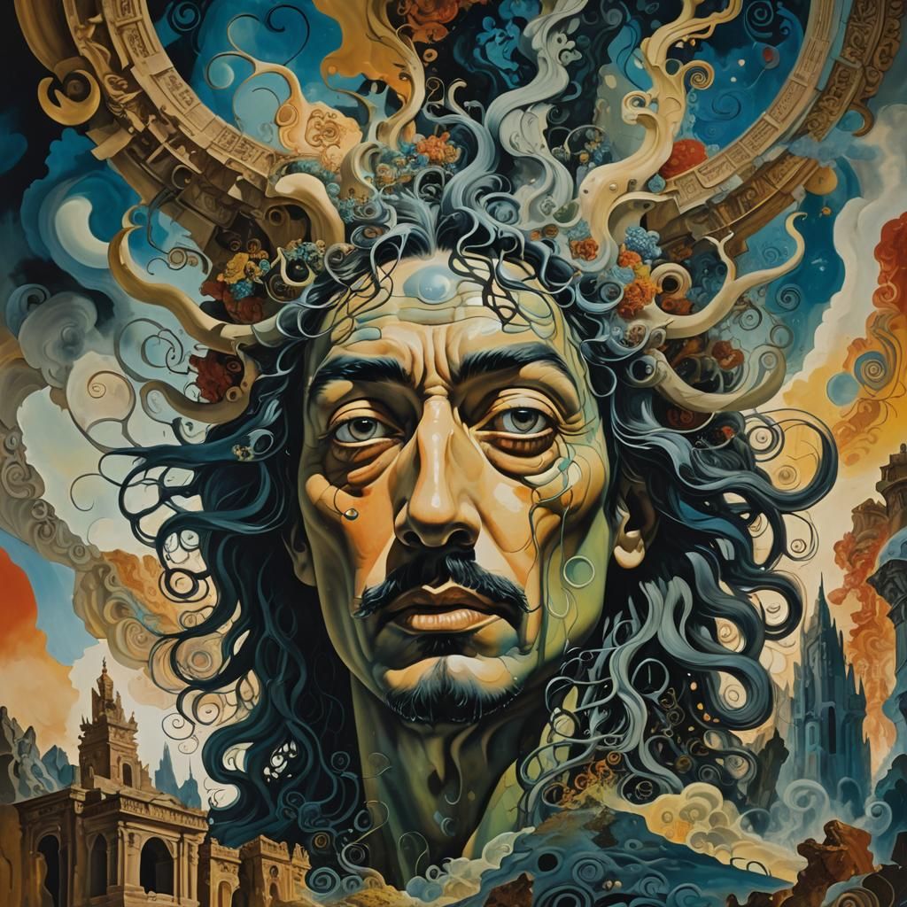 Surreal Face in Temple: Abstract Expressionist Dreamscape