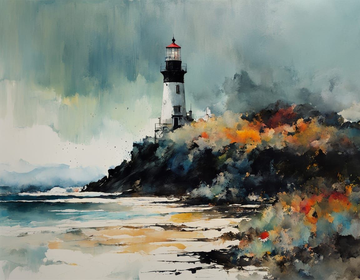 Ethereal Lighthouse Landscape in Vibrant Colors