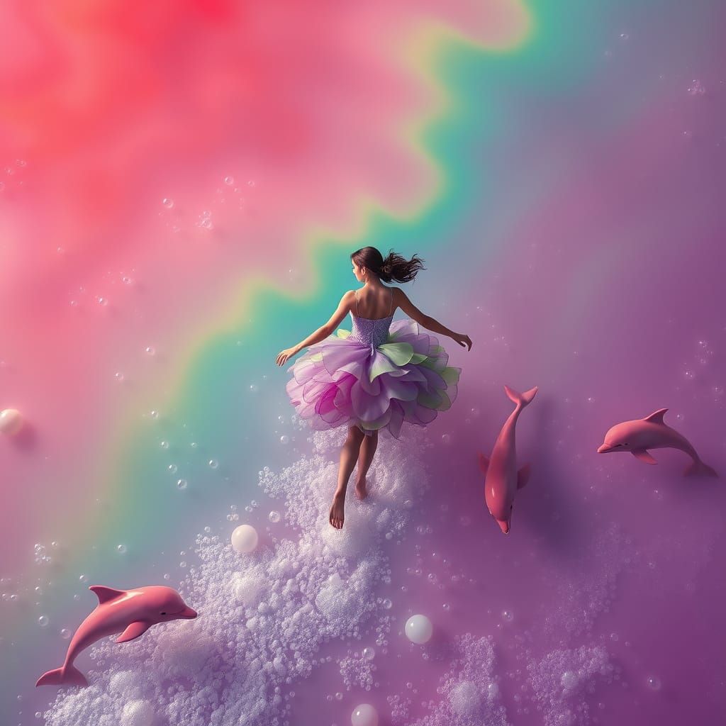 Woman Gliding Over Soda Sea in Dreamlike Landscape