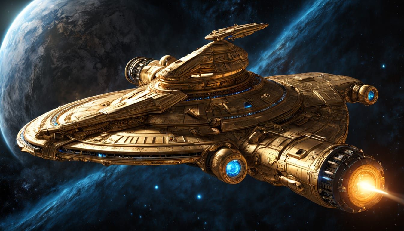 Gold And Blue Star Cruiser in Deep Space Nebulae