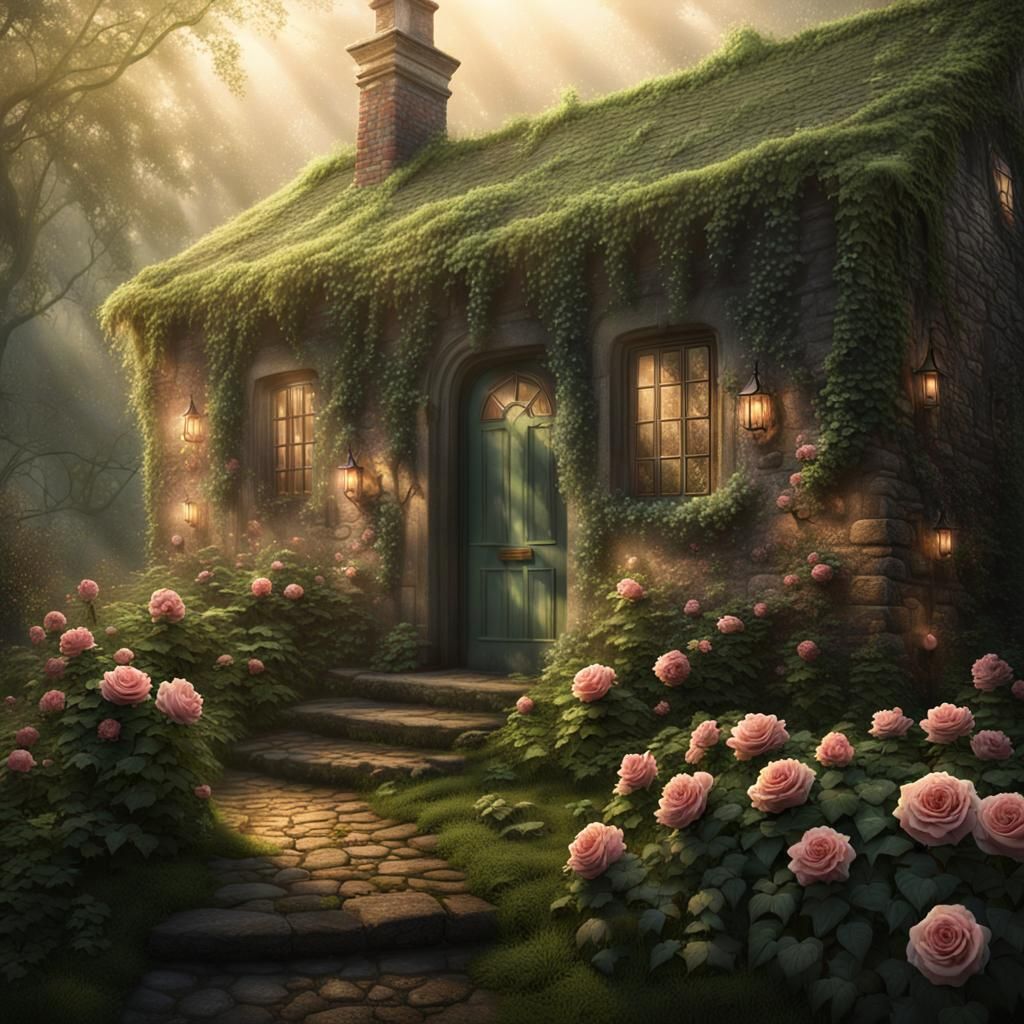 Idyllic Cottagecore Home in Misty Forest Landscape