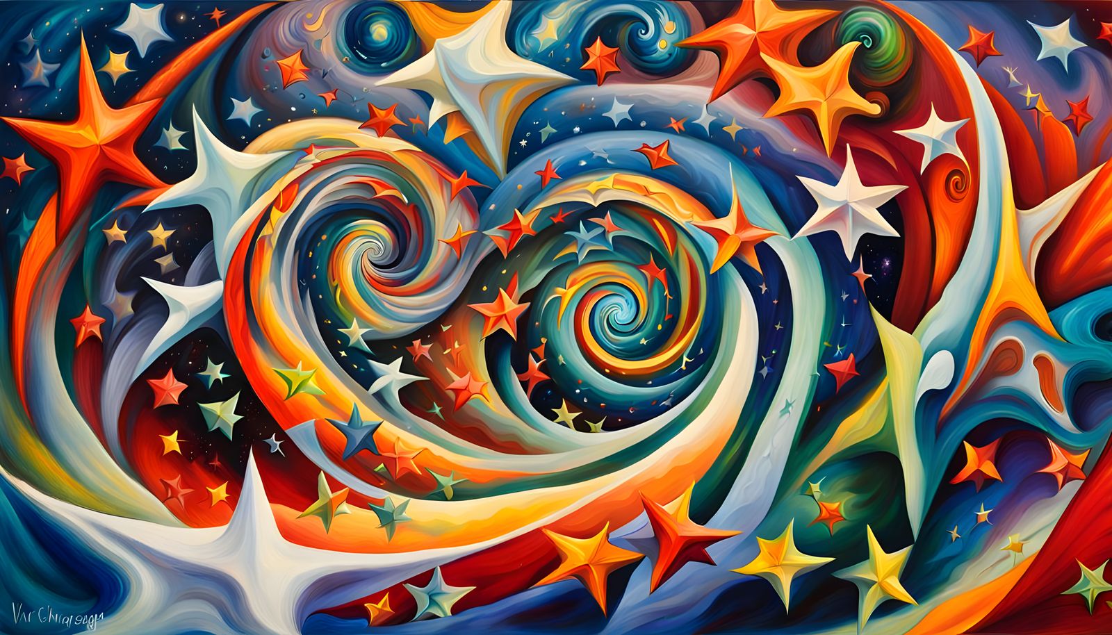 Cosmic Dance of Swirling Stars in Iridescent Light