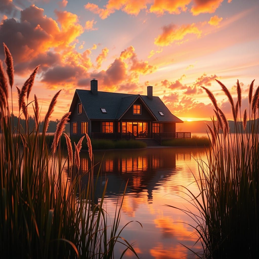 Surreal Lake House at Dusk, Basking in Ethereal Golden Light