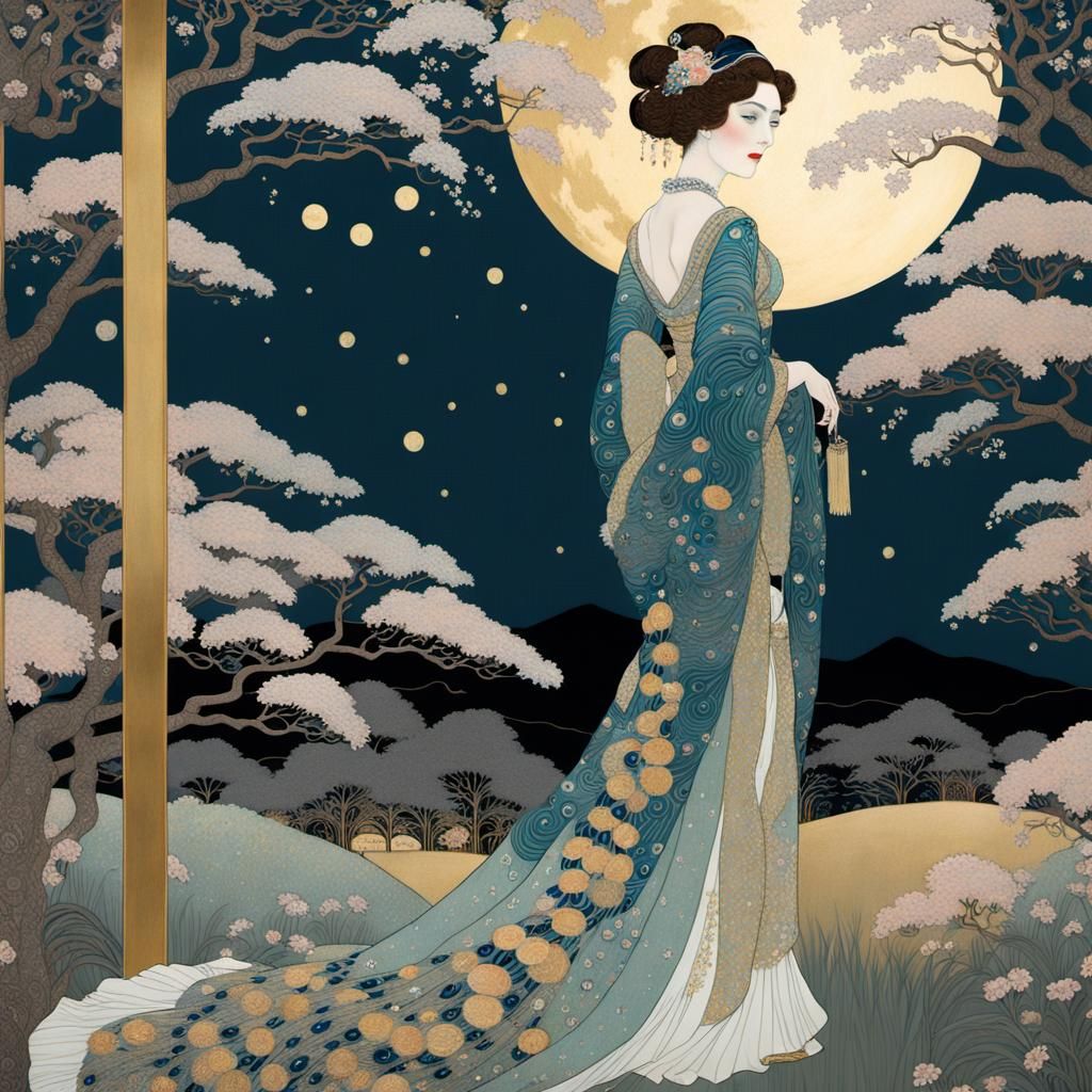 Gibson Girl in Moonlit Garden: Ukiyo-e Klimt Impression