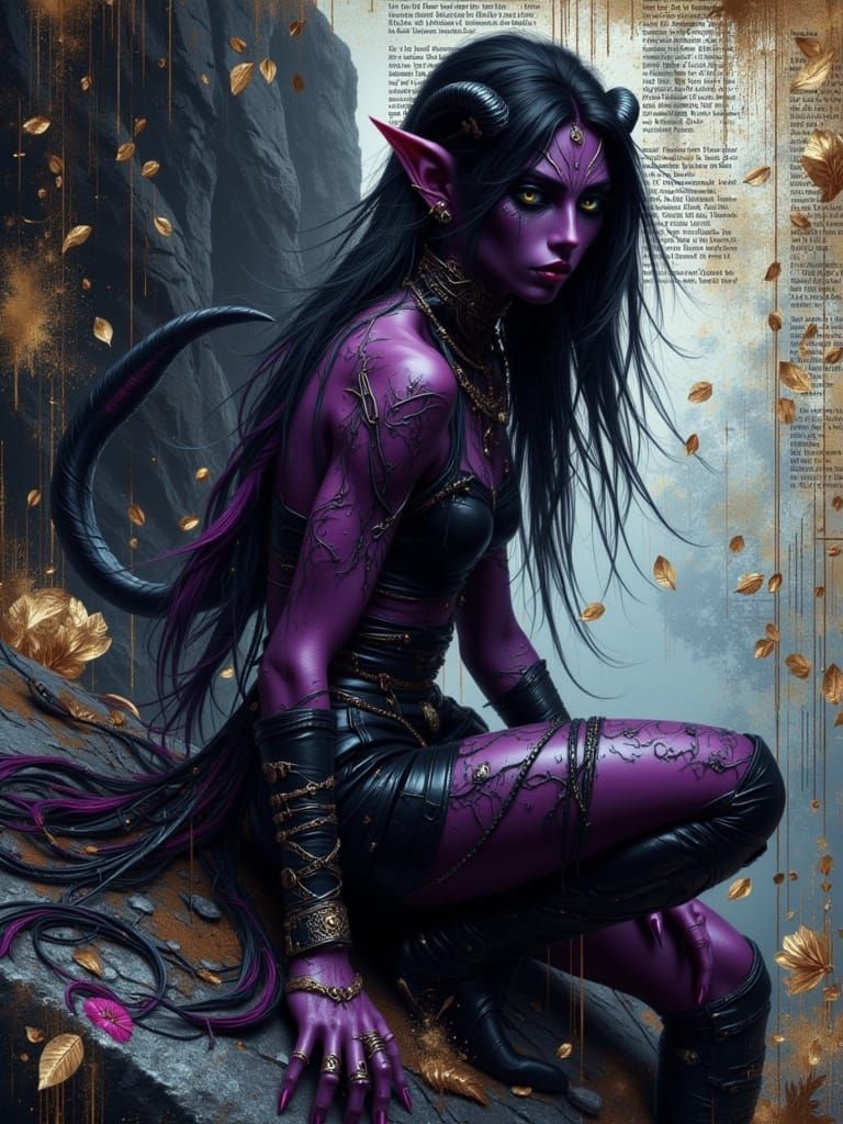 Purple Tiefling Woman in Dark Fantasy Landscape