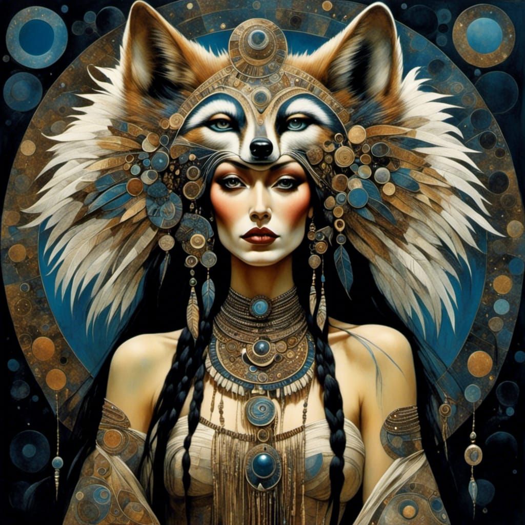Mystical Tribal Wolf Priestess in Surreal Style