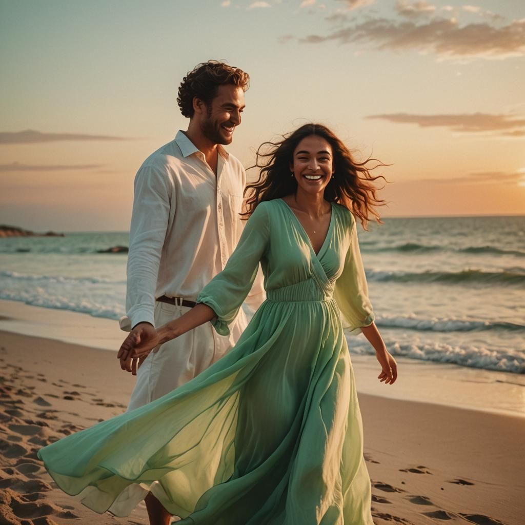Smiling Couple Watching Sunset: Cinematic Film Still