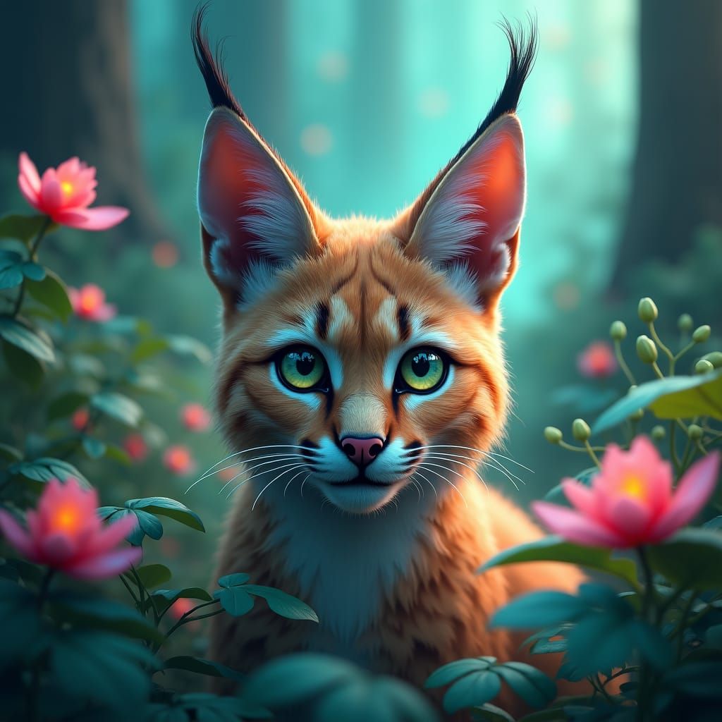 Enchanting Caracal in Mystical Forest, Digital Art