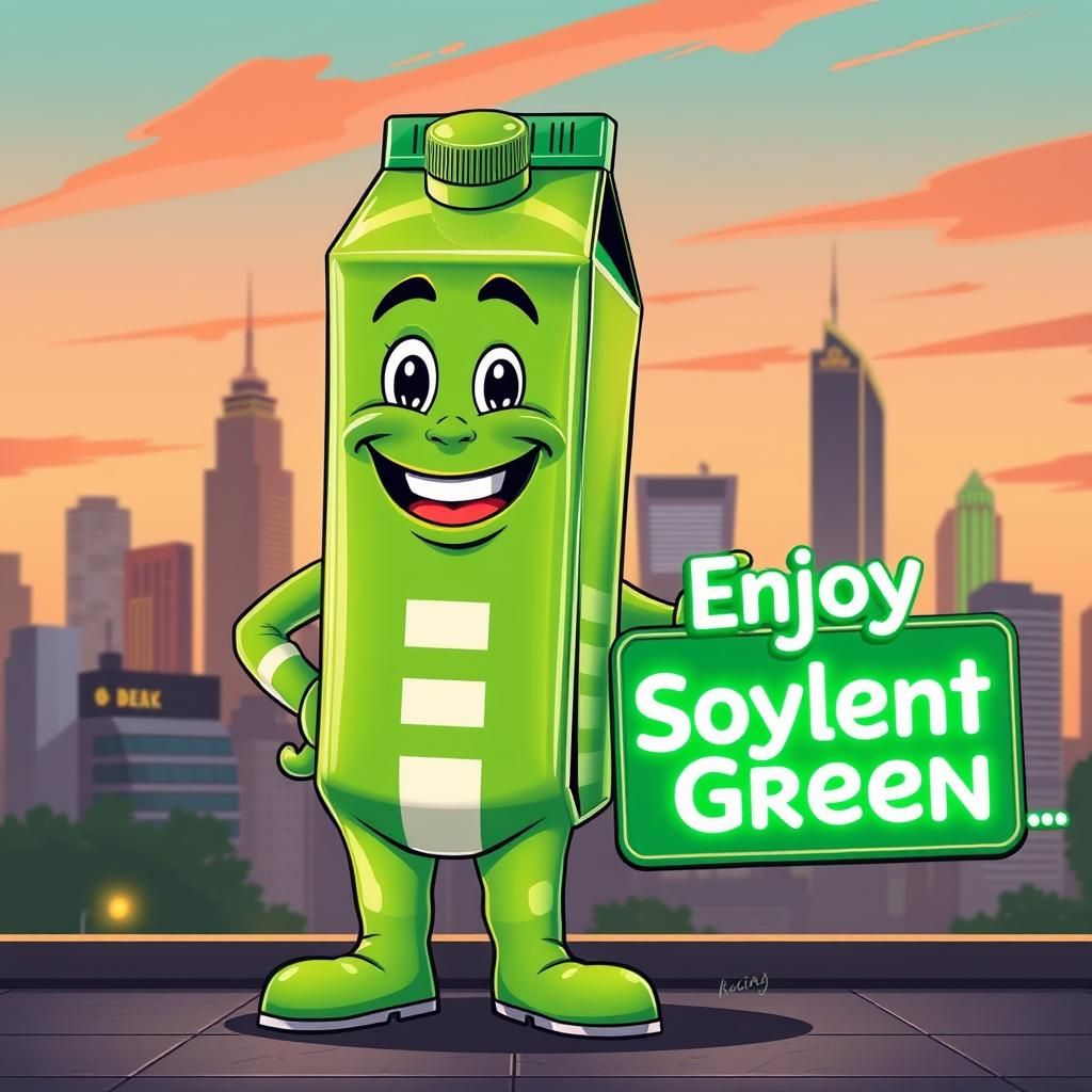 Anthropomorphic Juice Box in Retro-Futuristic Cityscape