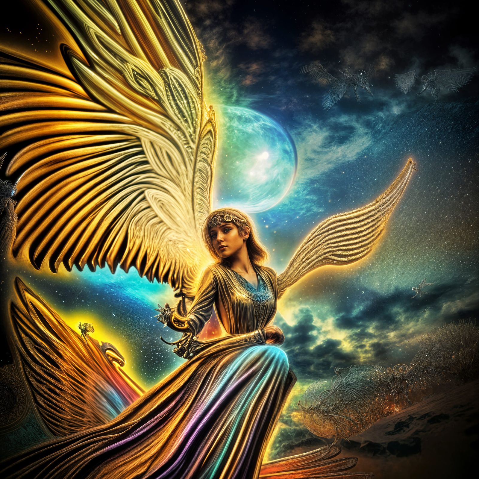 Mechanical Angel in Solarpunk Psychedelic Airbrush Art