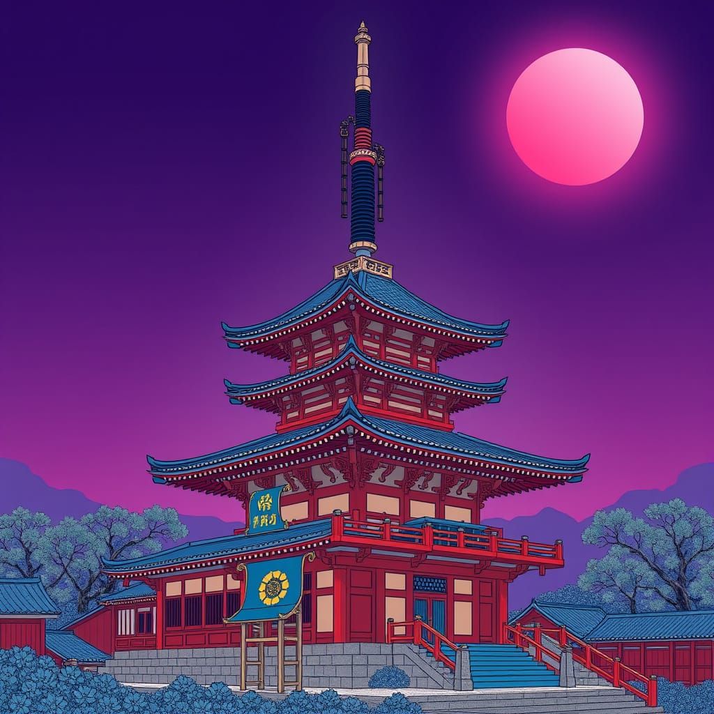 Japanese Pagoda with Steampunk Engine at Midnight