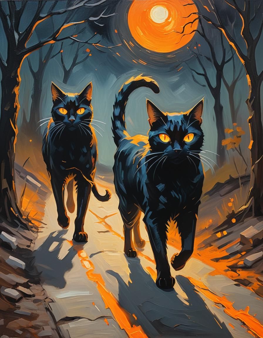 Dark Fantasy Black Cat Crossing Path at Night