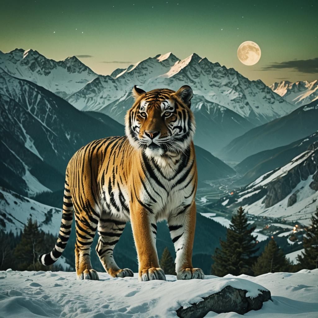 Tiger in Snowy Mountains Under Northern Lights