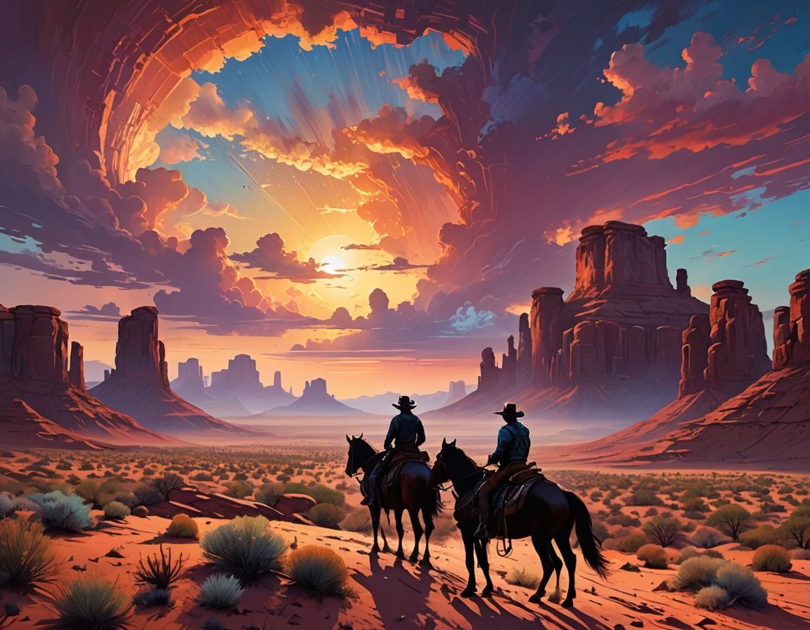 Cowboy Silhouette at Desert Sunset Digital Illustration