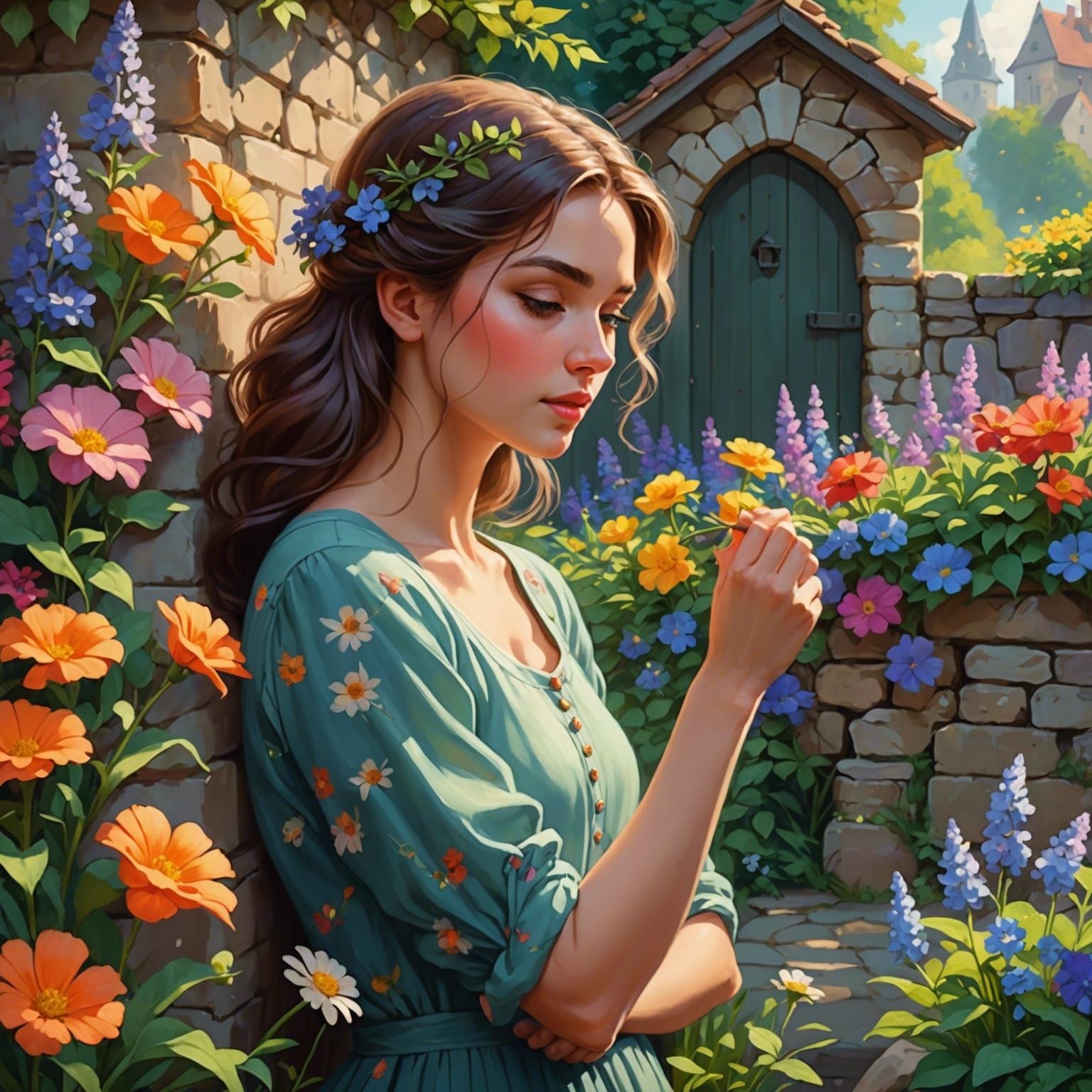 Garden Beauty: Woman Smelling Flower in Cartoon Style