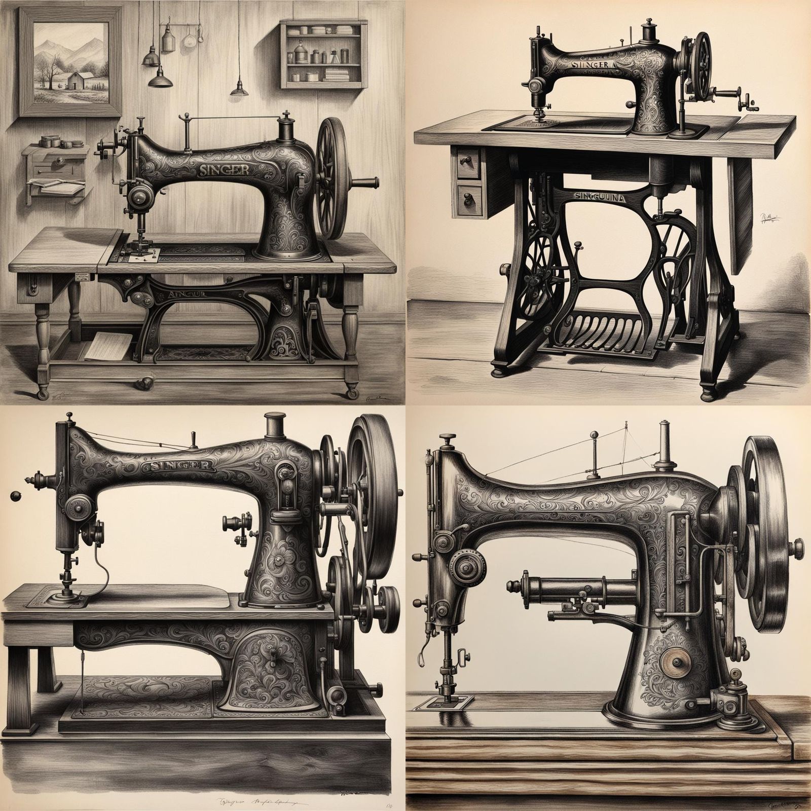 Antique Singer Sewing Machine with Woman, Charcoal Drawing