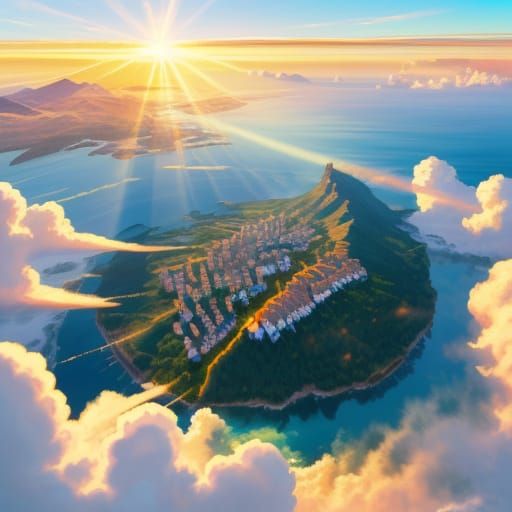 Airplane Over Clouds in Fauvist Colors, Aerial View