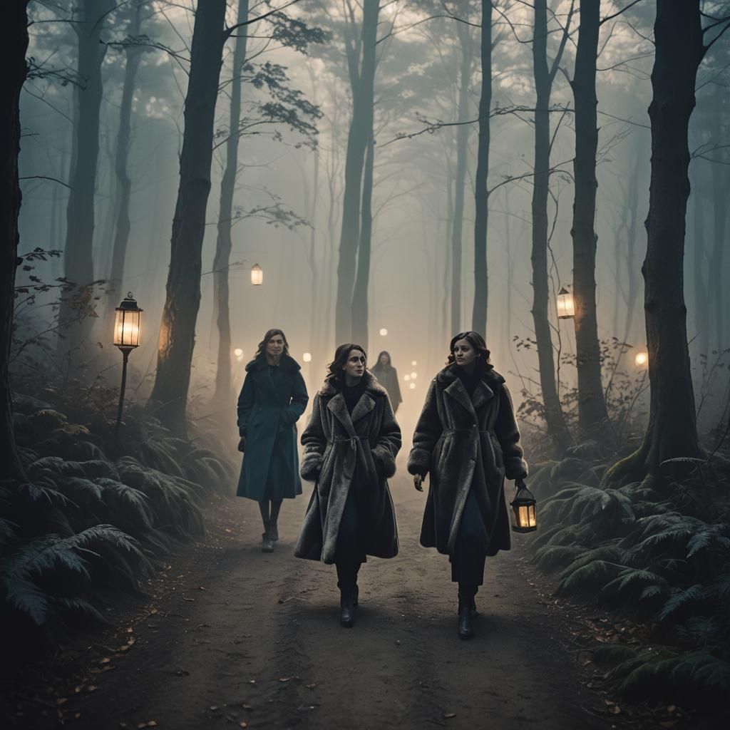 Women in Fur Coats Stroll Through a Misty Forest in Film Noi...