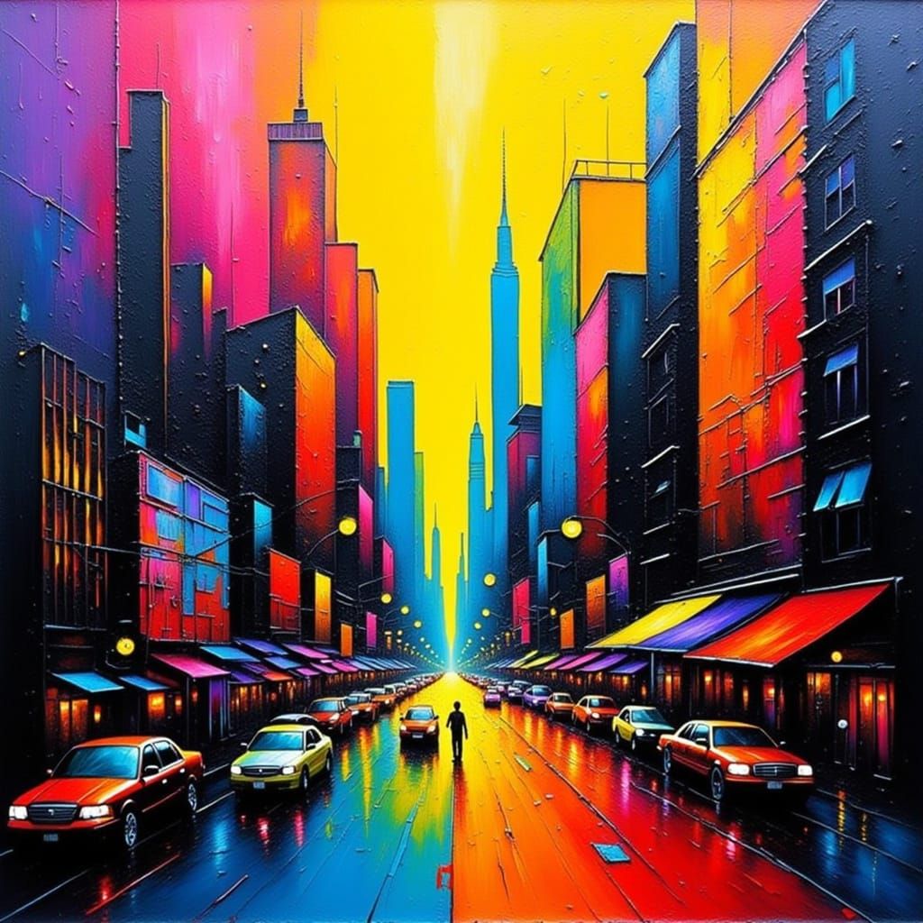 Vibrant Cityscape in Thick Impasto Textures