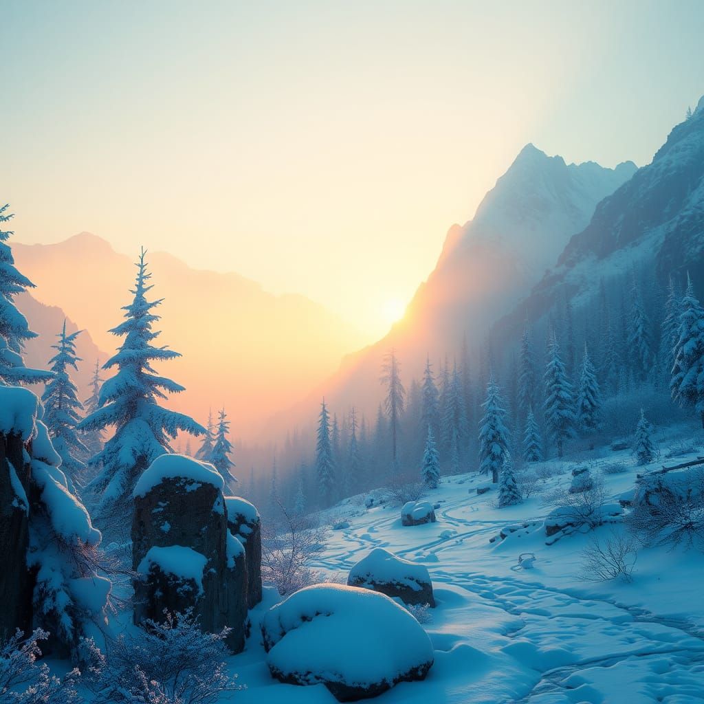 Majestic Snowy Mountains at Dawn in Fantasy Art