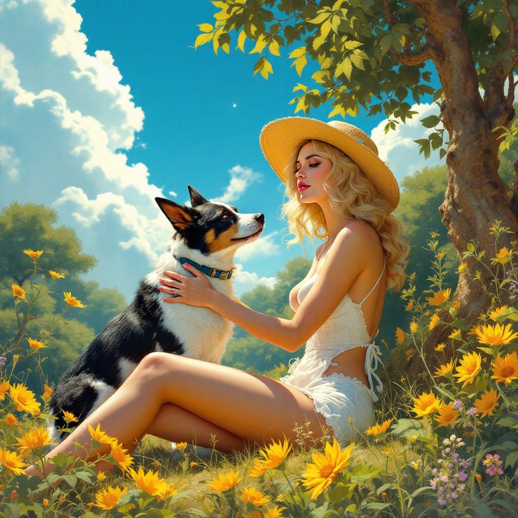 Solarpunk Pin-Up Dog in Dappled Sunlight