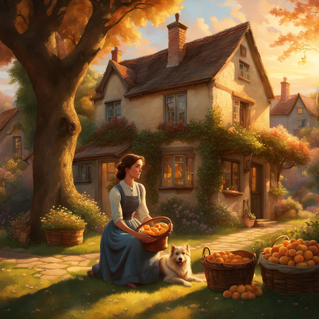 Woman with Apricots and Dog in Serene Village Sunset
