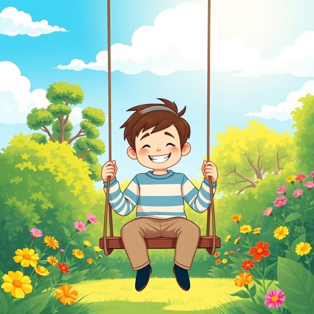 Whimsical Woodland Boy in a Garden Swing