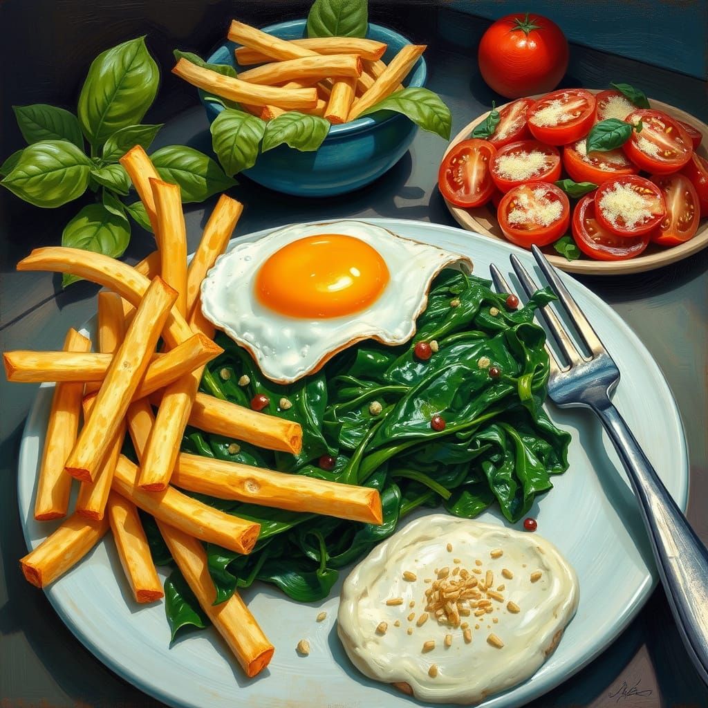 Whimsical Spinach Dish with Fried Egg and Fries