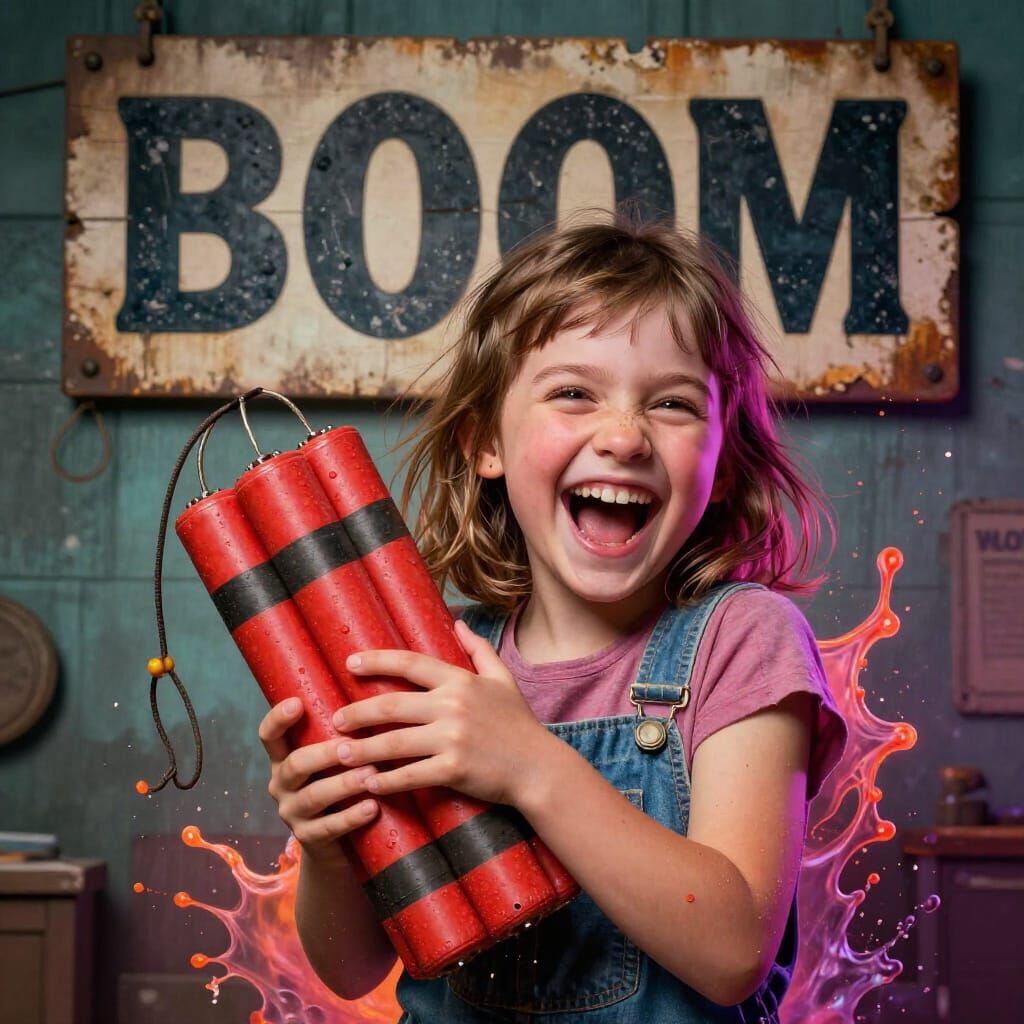 Joyful Girl Poses with Dynamite Bundle, Concept Art Portrait