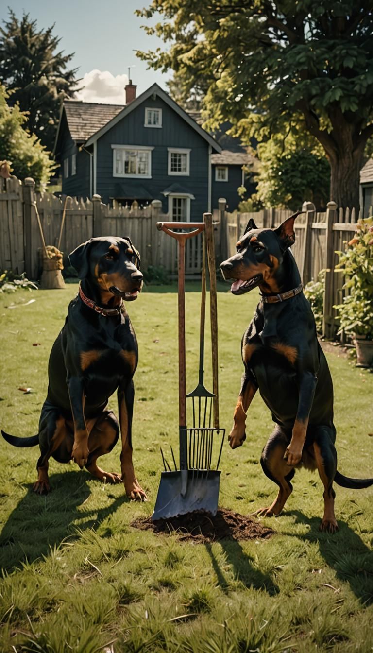 A Doberman and a Rottweiler looking down at the ground. They...