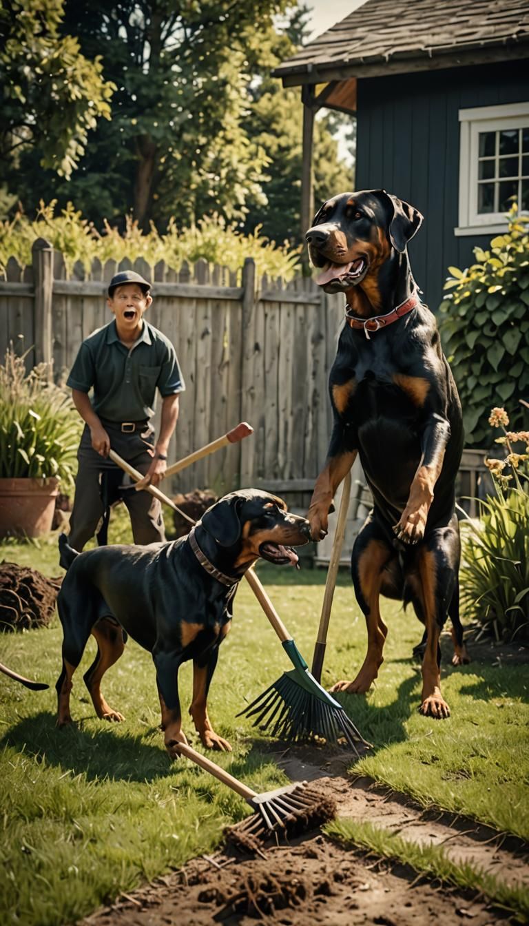 A Doberman and a Rottweiler looking down at the ground. They...