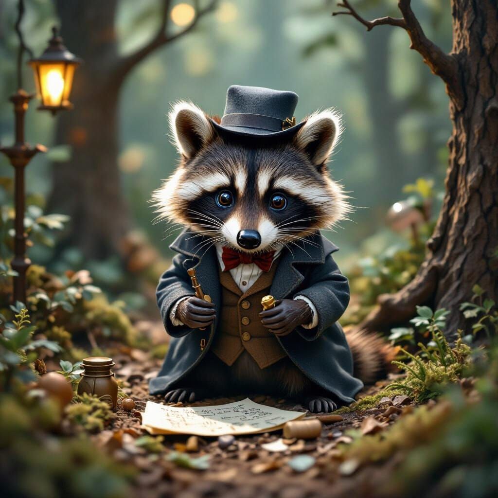 Raccoon as Sherlock Holmes Investigates Forest Crime Scene