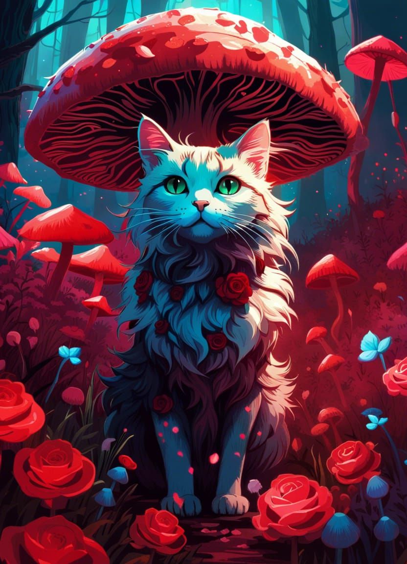 Alice in Wonderland Cat in Glowing Rose Forest