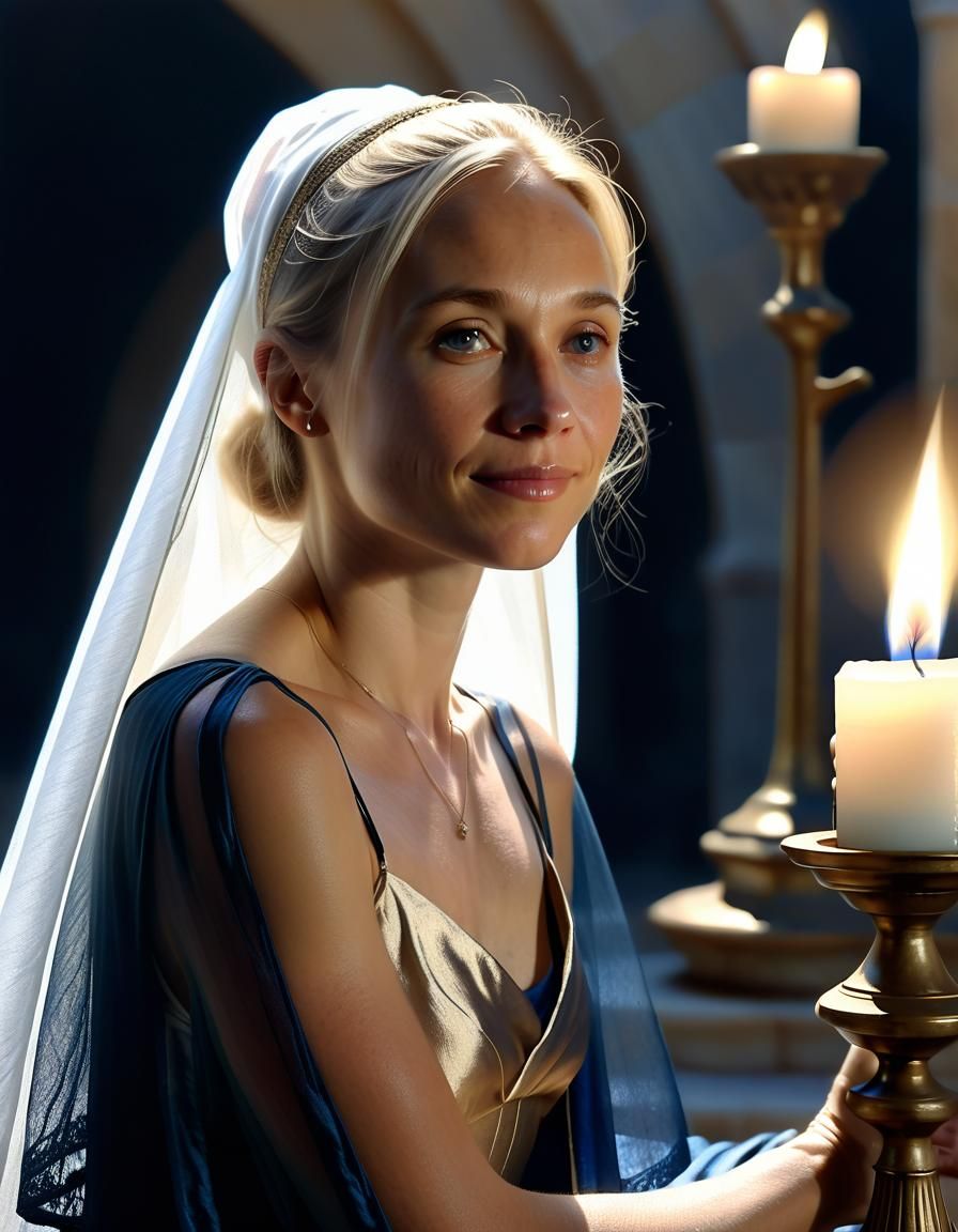 Renaissance Woman Kneeling in Chapel: Chiaroscuro Oil