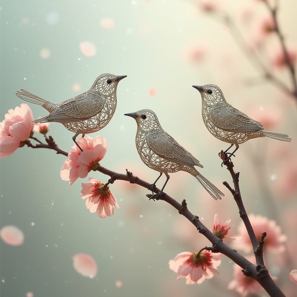 Ethereal Wire Birds on Blooming Branch in Hyperrealism
