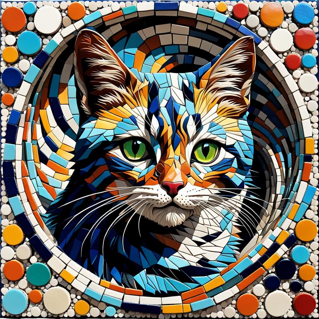 Cat Vortex Mosaic in 3D Relief