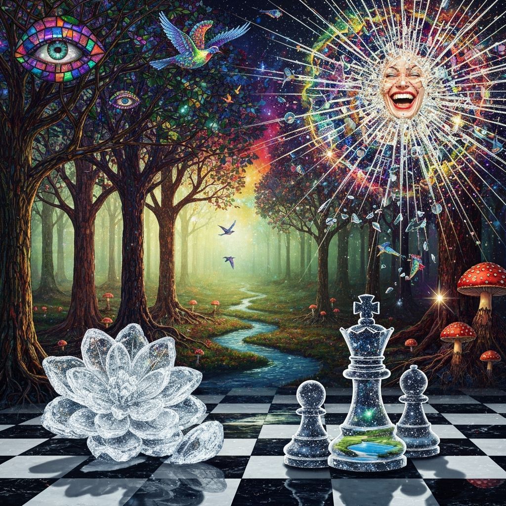 Stained Glass Forest Meets Astral Chess Queen