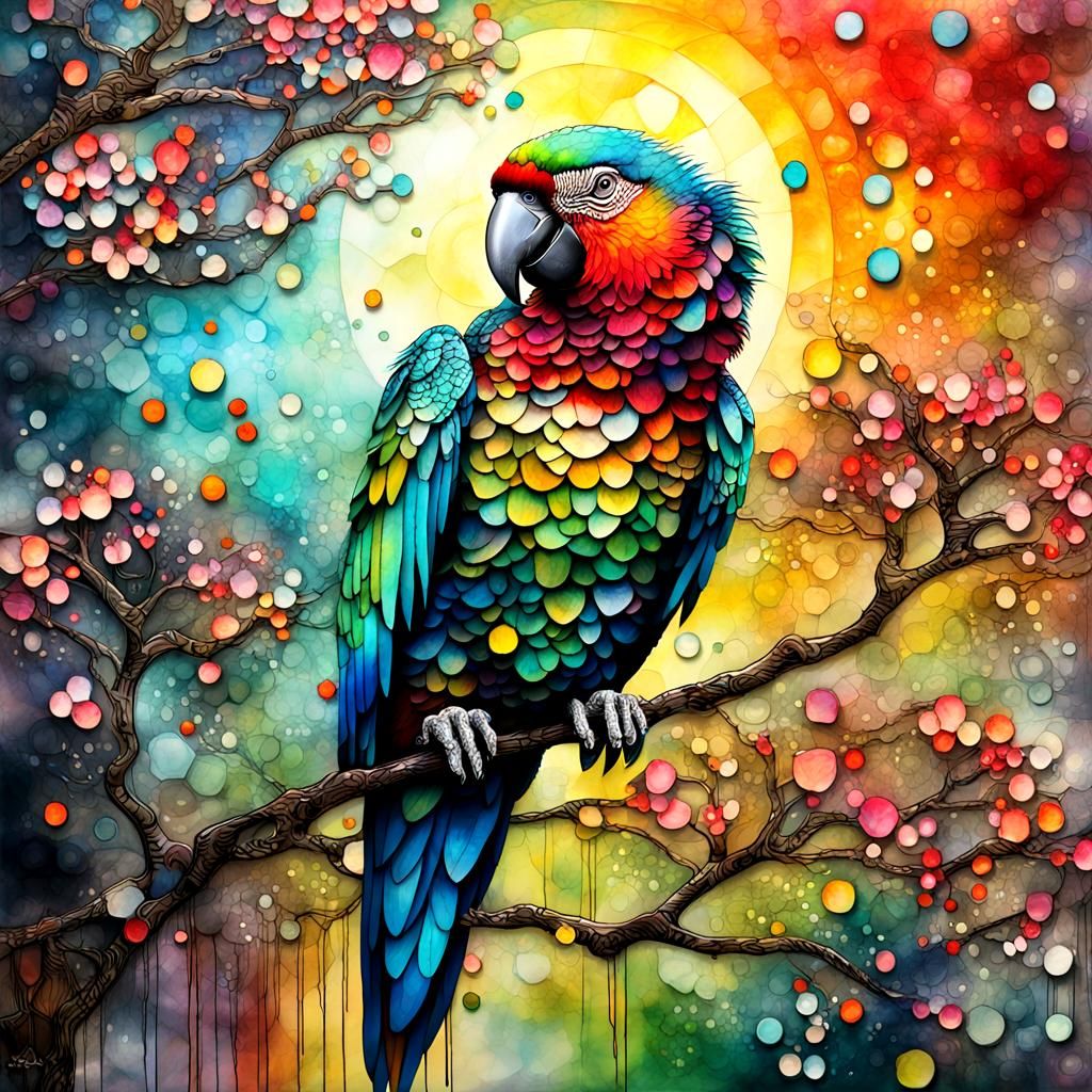 Majestic Parrot in Dogwood Tree: Mixed Media Art