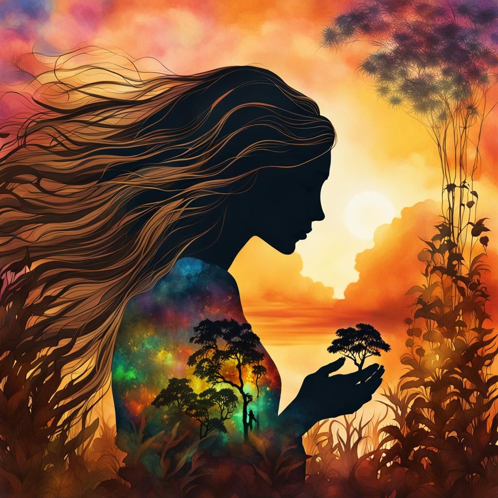Surreal Sunset: Woman and Rhytidocaulon in Digital Collage