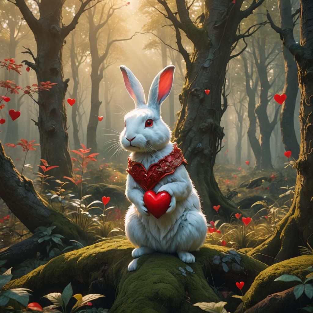 Whimsical White Rabbit Portrait with Red Heart