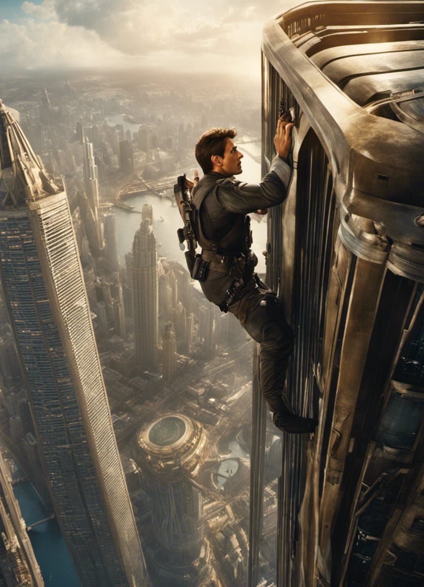 Hyperrealistic Tom Cruise Skyscraper Climb in Rustic Futuris...