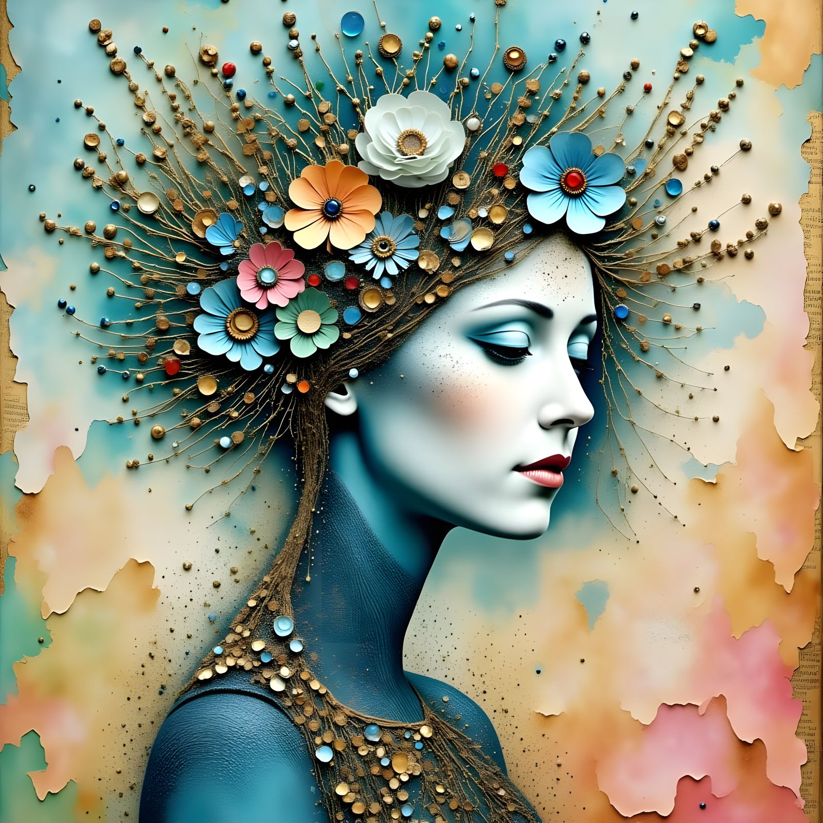 Mystical Goddess Collage with Watercolor Sky