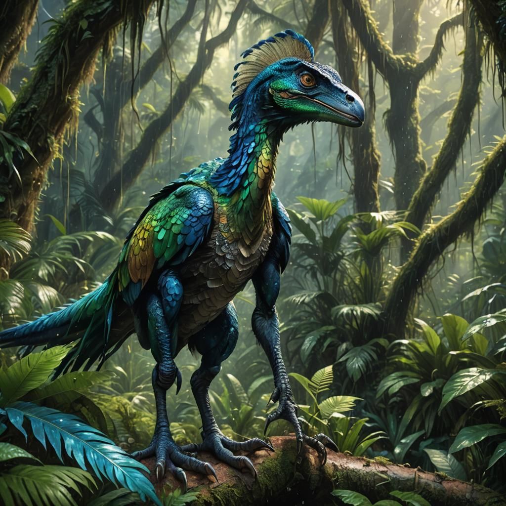 Velociraptor and Peacock Hybrid in Rainforest
