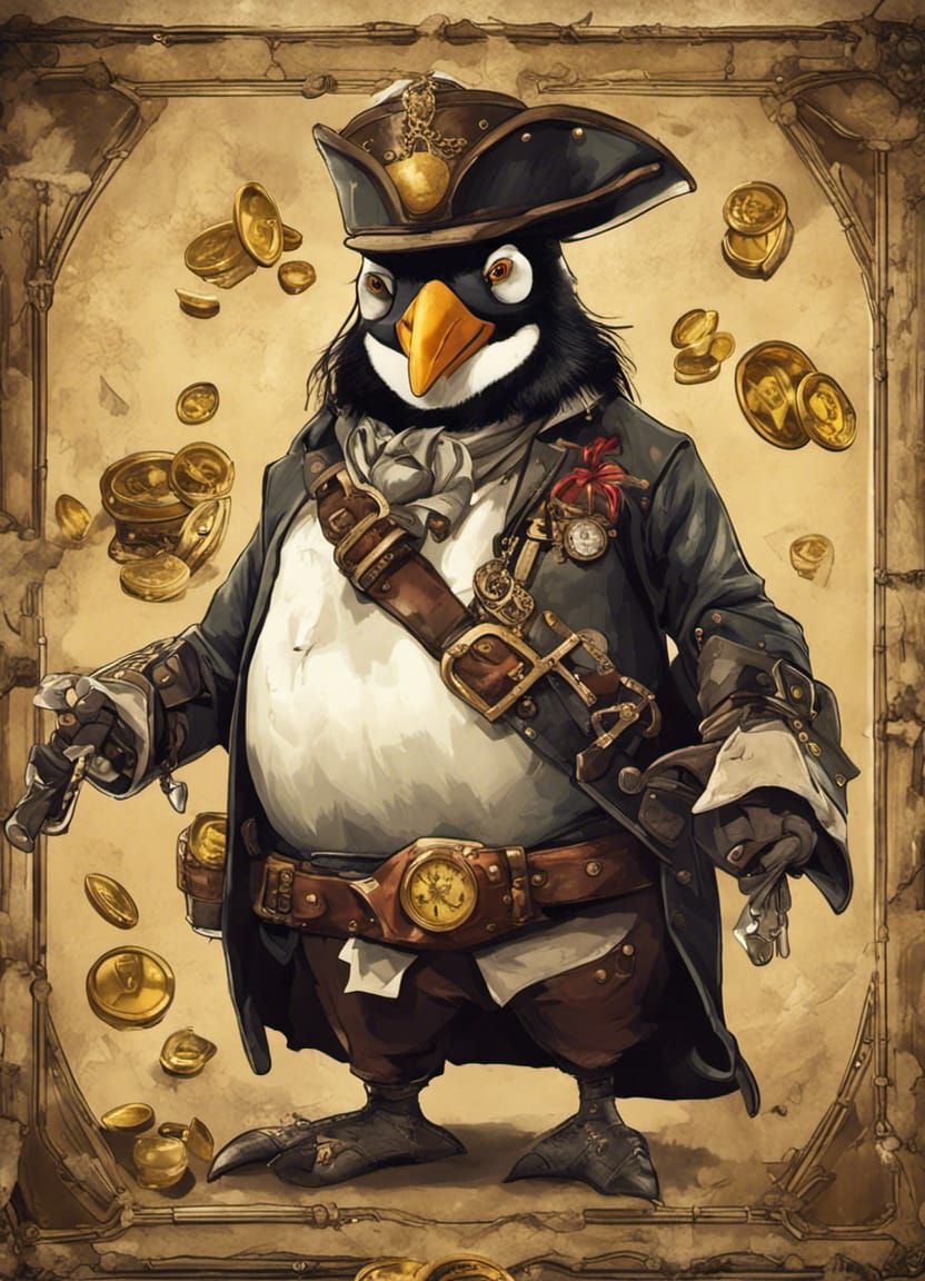 Steampunk Penguin Pirate Wanted Poster in Cave