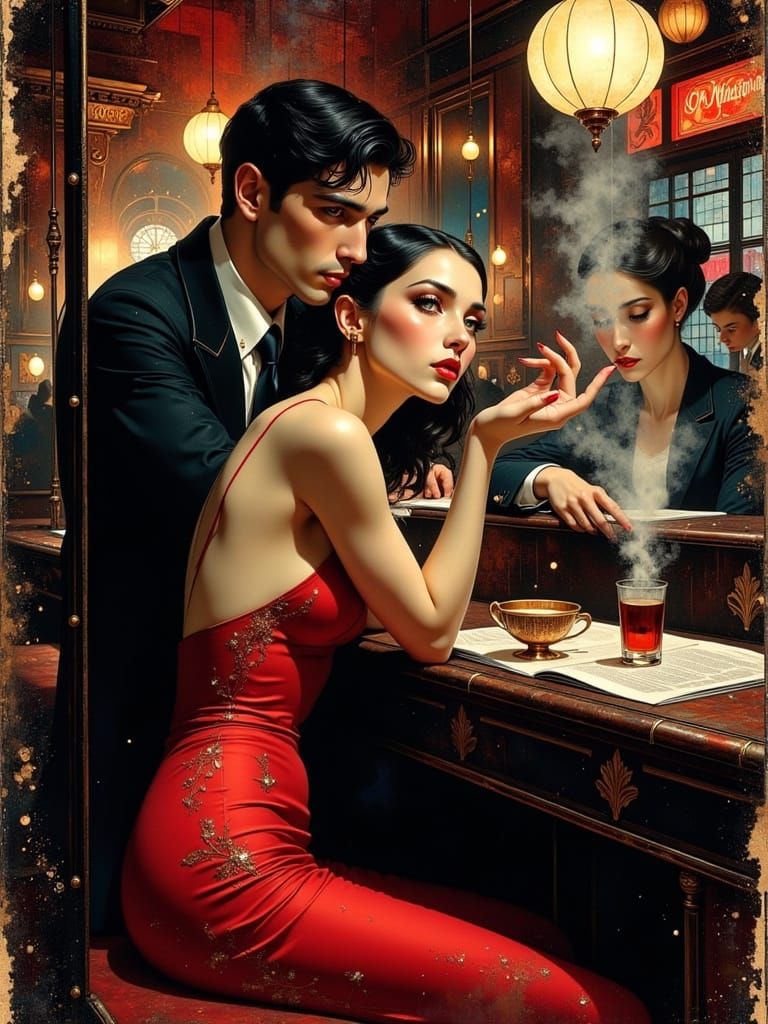 Sultry Pin-Up Girl in 1950s Retro Bar Scene, Art Nouveau Sty...