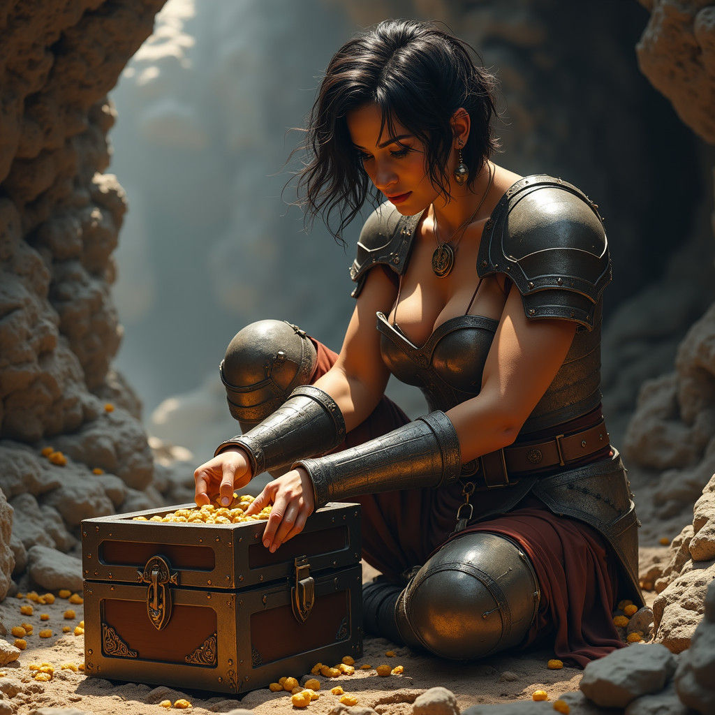 Medieval Fantasy Woman Unveils Treasure in Cave