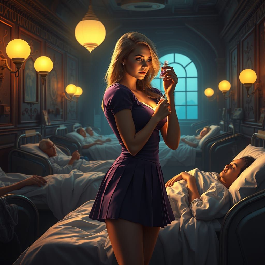 Hospital Ward Scene with Kind Nurse Administering Medicine