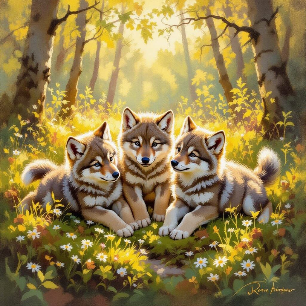 Three Fluffy Wolf Cubs Play in Sunlit Forest Clearing