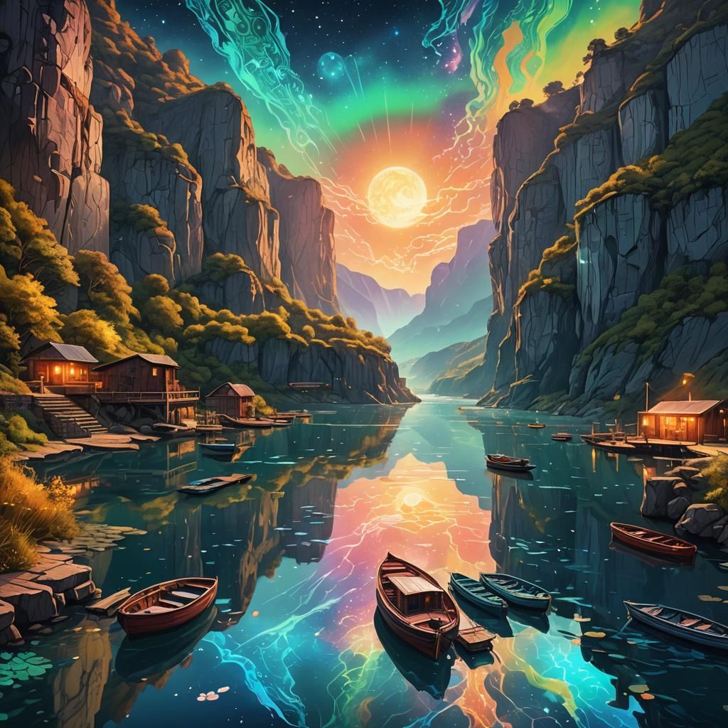 Luminescent River with Boats in Astral Illustration