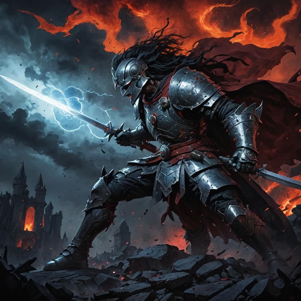 Under a blood-red moon, atop the crumbling ruins of an ancie...